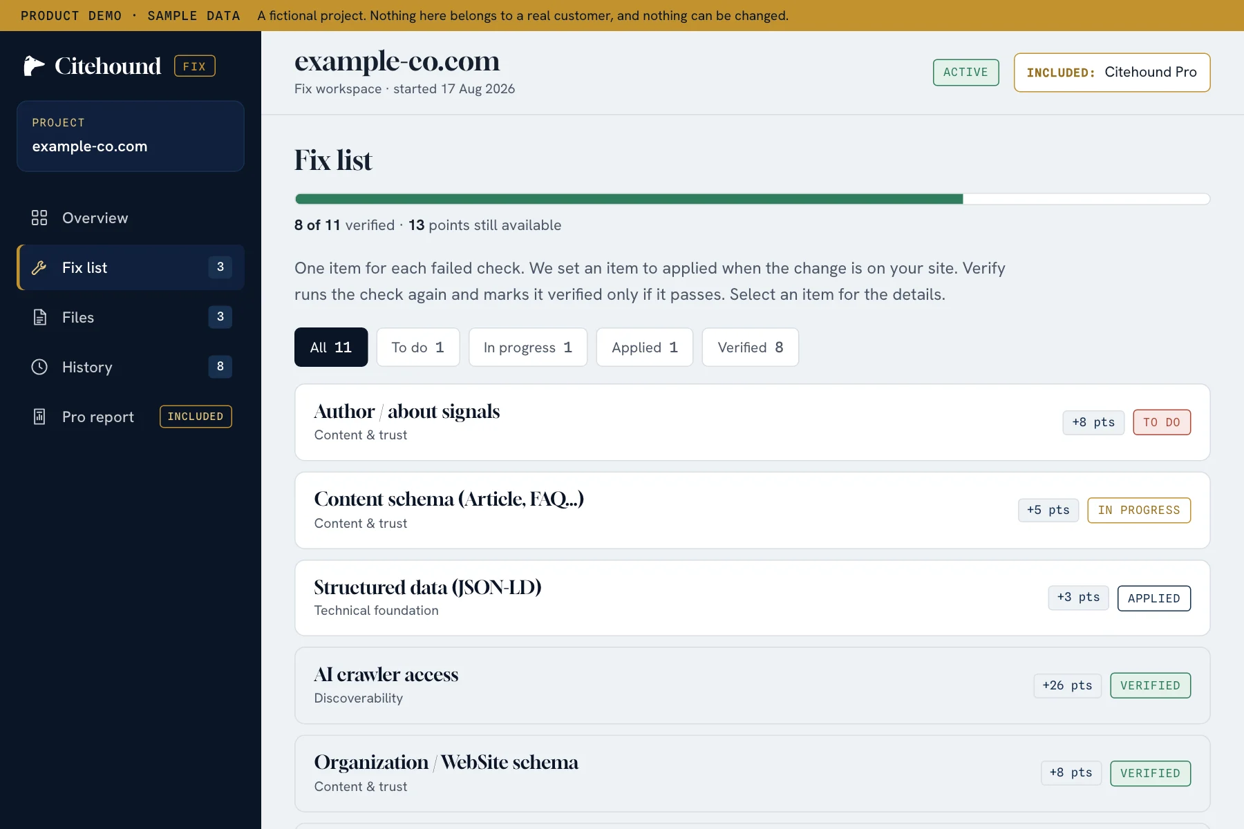 The Fix list of the demo: a progress bar of verified items, filter chips, and each failed check as a card with its points and status.